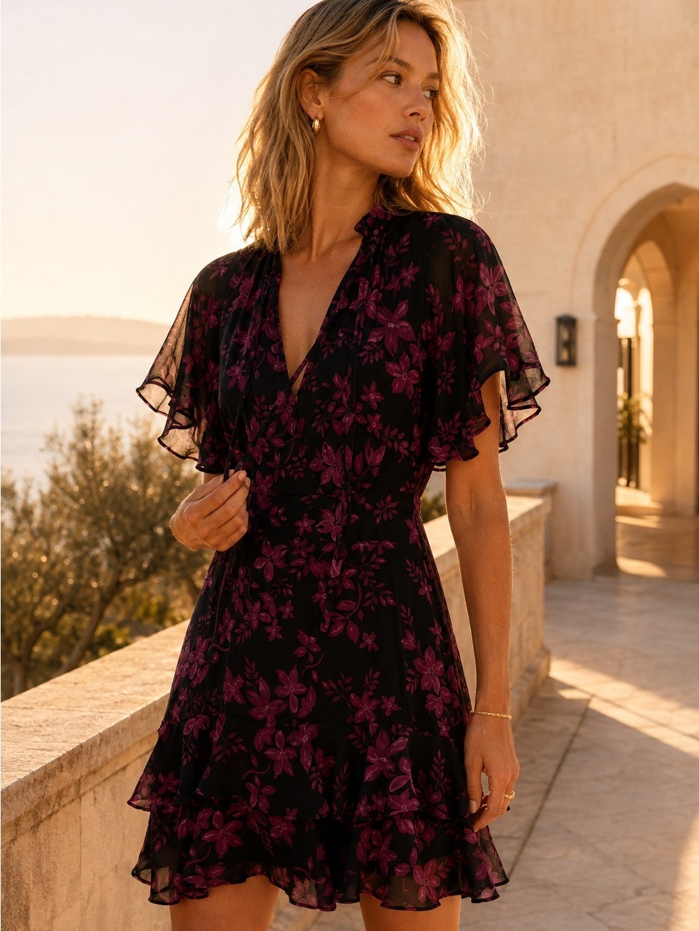 Parker Midnight Fleur Floral Chiffon Mini Dress Black Purple Medium